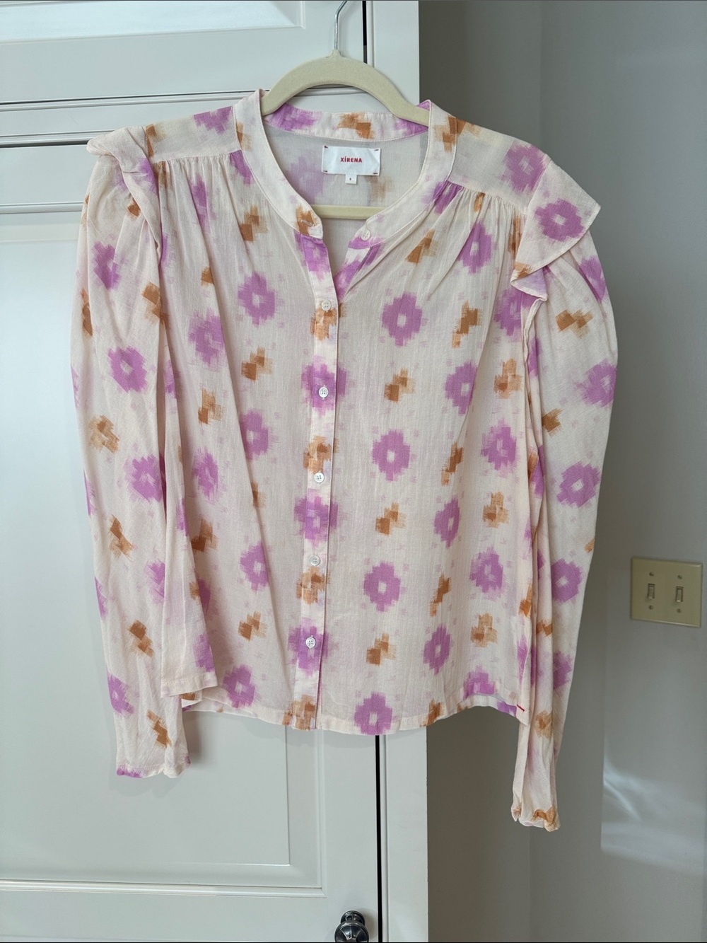 XiRENA Cream Blouse with Pink and Tan Floral Motif